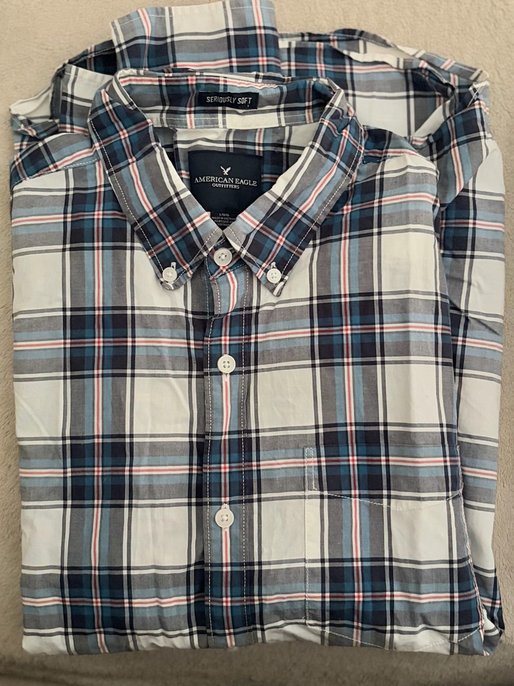 American Eagle Outfitters Plaid Button-Down Shirt - Navy, White & Light Blue
